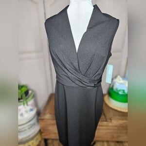 London Times Black Faux Wrap Sheath Dress